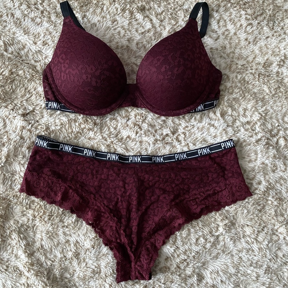 Victoria’s Secret PINK burgundy leopard lace bra & panty set